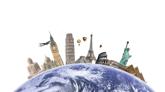 Famous World Landmarks Pop Up on Rotating Earth Globe Motion Animation Transition Isolated on White Background