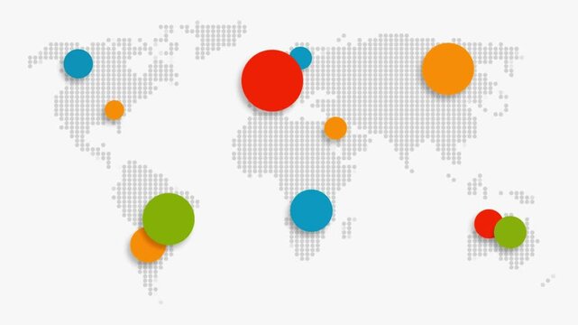 Colorful Circle Location Markers Popping Up on Dotted World Map Motion Animation