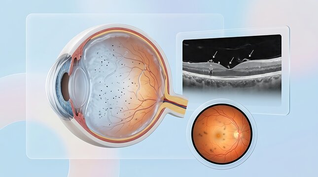 Medical visualization of eye anatomy paired with an OCT scan and retinal fundus imaging to diagnose vitreous floaters and retinal layers in a clinical diagnostic layout