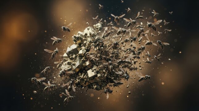 Swarm of wasps flying around a cluster of raw pyrite mineral