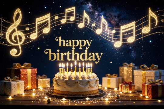 Happy birthday greeting card with burning cake candles. Golden musical notes glow against dark starry night sky background. Elegant celebration party scene includes wrapped gift boxes on wooden