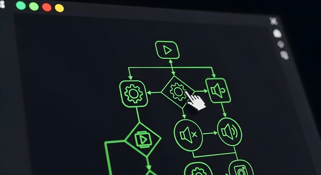 Computer screen showing a digital flowchart diagram with neon green icons and a mouse cursor clicking on a gear settings symbol for software development and programming interface design