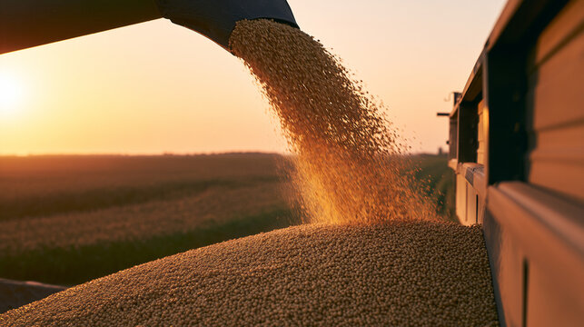 Combine auger pouring harvested soybeans into truck at sunset