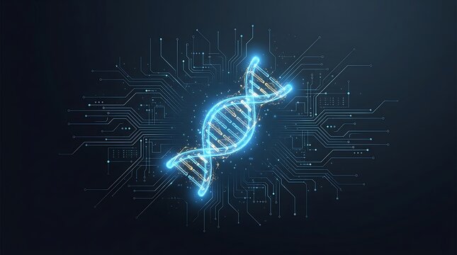 Glowing DNA helix on digital circuit board background, futuristic biotechnology concept, neon blue genetic molecule with motherboard traces