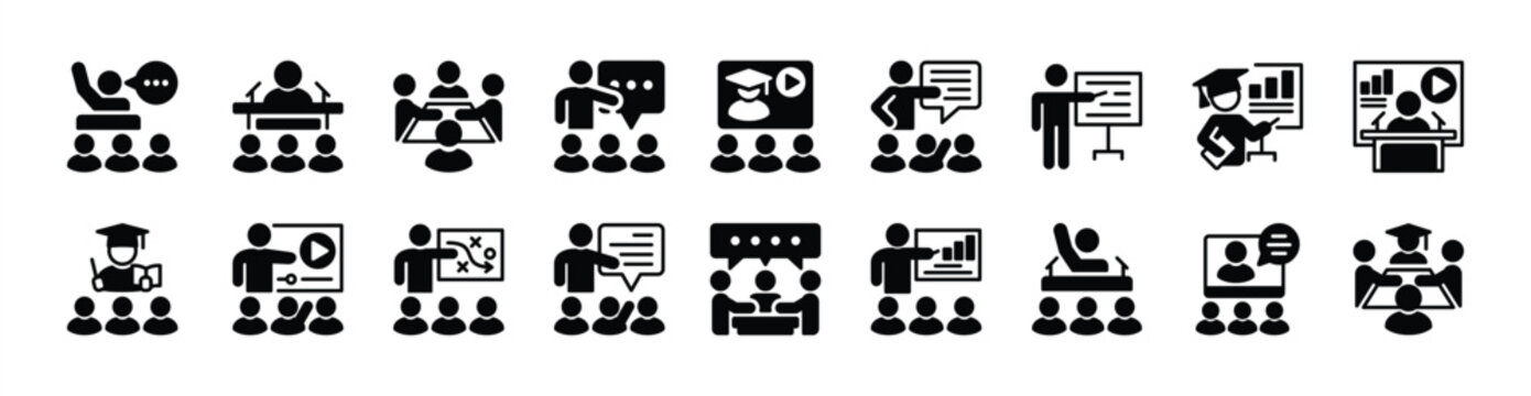 Seminar icon vector set. Contains presentation, workshop, conference, training, coaching, meeting, briefing, learning, e-learning, virtual video, lecture, teamwork, mentor, classroom, teaching