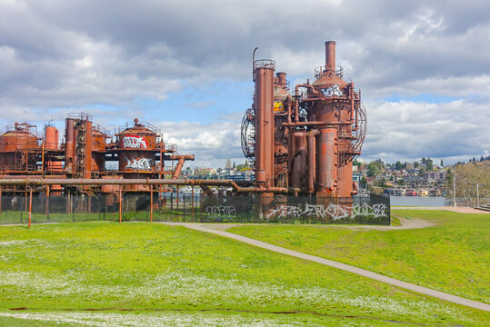 Flowery field and energy plant at gas works park, Seattle on a spring day 