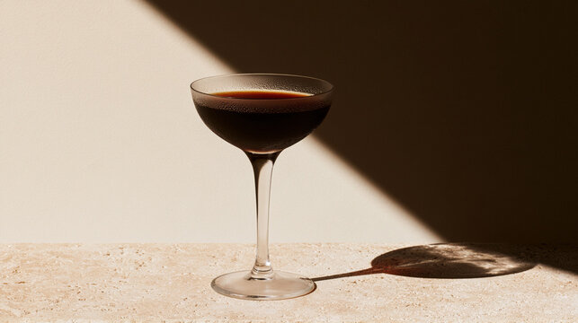 Espresso martini cocktail in coupe glass casting hard shadow