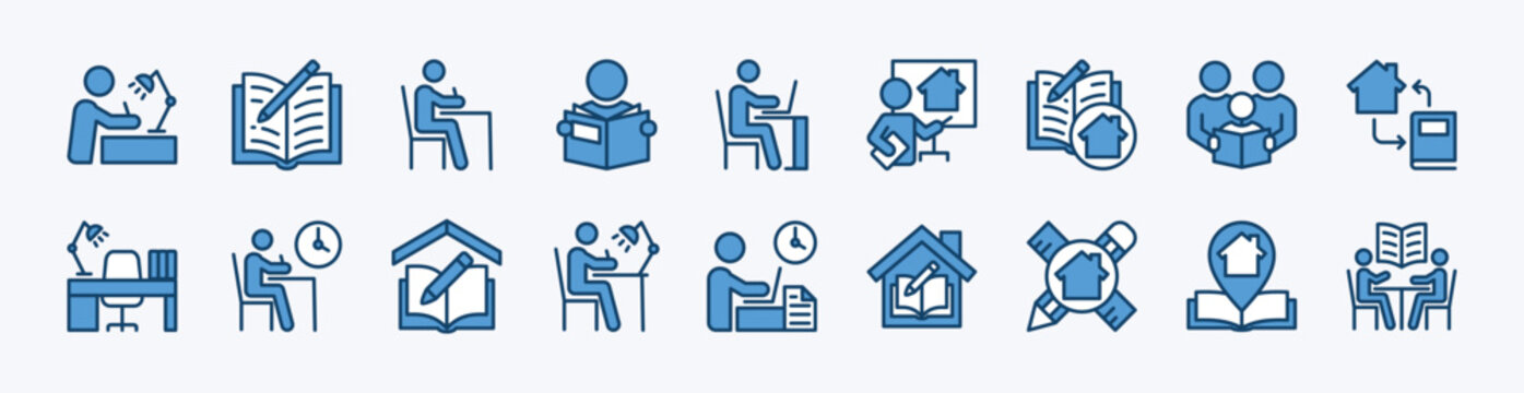 Set homework icon vector. Contains study desk, writing book, reading, learn, learning, studying together, course, hours, overtime - illustration
