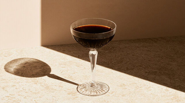Dark cocktail drink in coupe glass casting long shadow