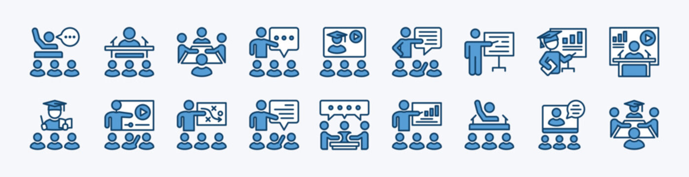 Set of seminar icon. Contains presentation, workshop, conference, training, coaching, meeting, briefing, learning, e-learning, virtual video, lecture, teamwork, mentor, classroom, teaching - vector