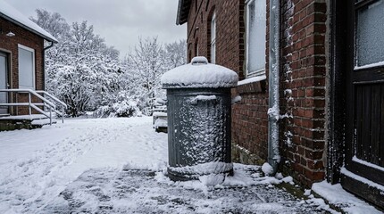 Obraz premium snow-covered trash can outside building