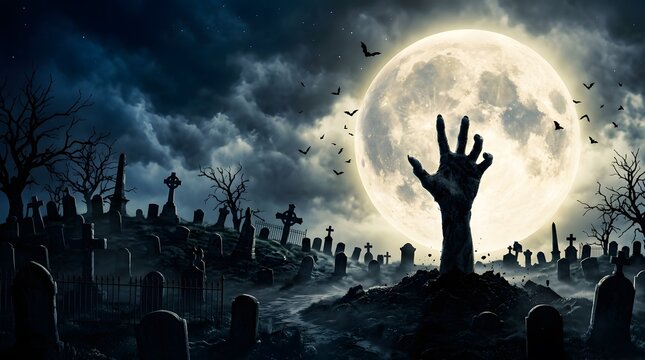 A creepy zombie hand reaching out from a grave in a dark spooky cemetery under a full moon night