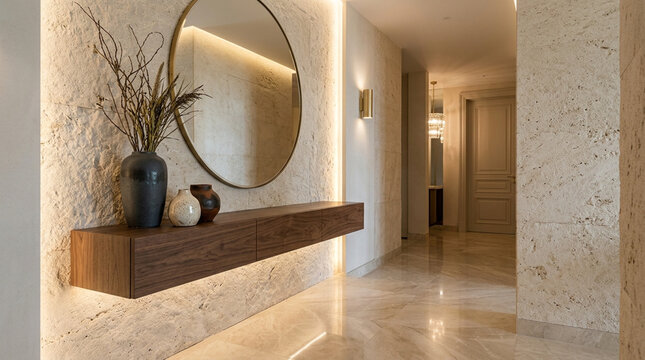 Modern Hallway with Floating Console, Round Mirror, and Warm Lighting