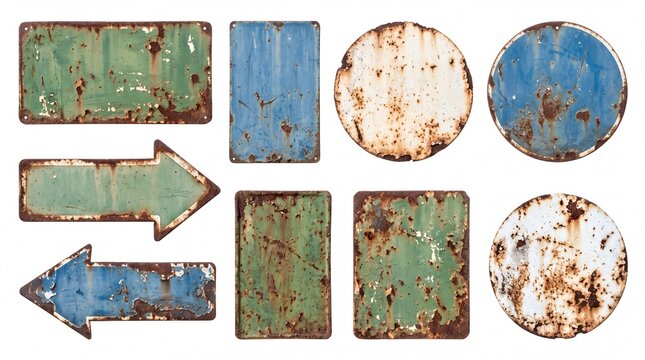 Vintage weathered metal signs showcasing vibrant colors and heavy oxidation isolated on white background