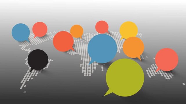 Colorful Speech Bubble Map Pin Markers Popping Up on Dotted World Map Motion Animation