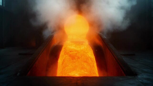 Intense molten metal flow and dramatic industrial fire scene with thick smoke and extreme heat