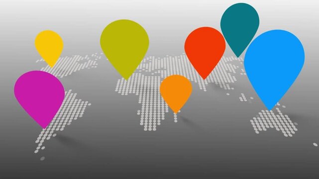 Colorful Map Pin Location Markers Popping Up on Dotted World Map Motion Animation