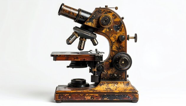 Ornate antique brass microscope with wooden accents on a white background