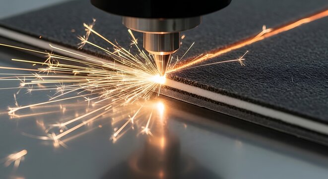 Laser cutting machine in operation sparks flying during metal fabrication process tool manufacturing industrial