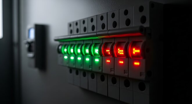 Electrical panel with illuminated indicators a gray industrial installation with red and green lights