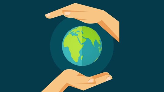 Flat Design Hands Holding and Protecting Rotating Earth Globe Animation Loop on Dark Background
