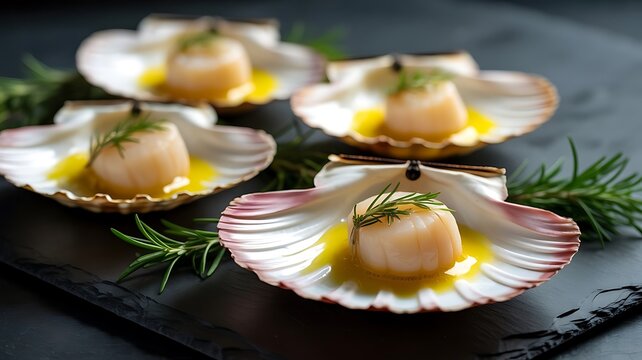 Gourmet seared scallops served in shells with herb infused oil and fresh rosemary on dark slate platter for fine dining appetizer course