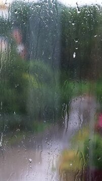 Rain falling on a window with a blurred view of outdoor greenery in a residential area
