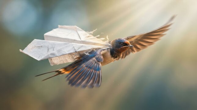 Barn swallow with paper airplane wings flying in sunlight