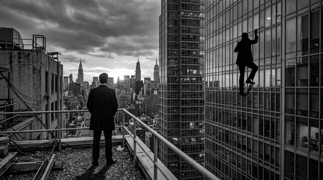 Businessman Climbing Skyscraper, Rooftop View, Cityscape Silhouette