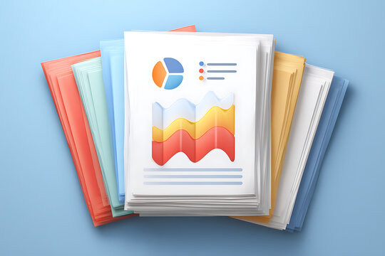Colorful business reports with graphs and charts, stacked documents on blue background, ideal for financial presentations and analysis
