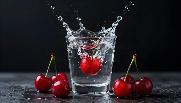High-speed photograph captures a single cherry splashing into a glass of water