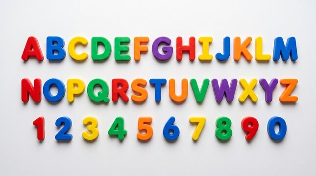 Bright colorful plastic alphabet letters and numbers arranged neatly in rows on a clean white background, perfect for early childhood learning and education.