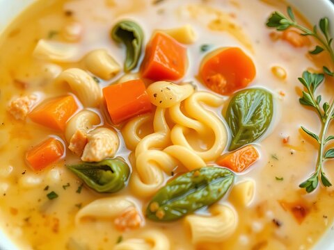 Creamy pasta soup with tender vegetables and savory broth, European-style soup, carrot