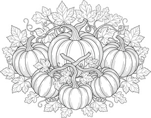 Detailed black and white line art illustration of autumn pumpkins with leaves for coloring books