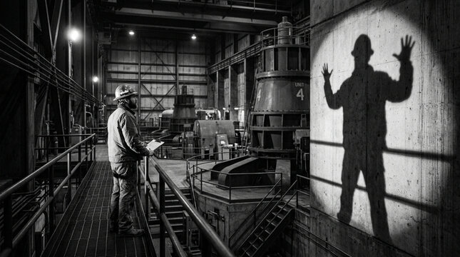 Industrial worker inspecting vintage machinery under dramatic spotlight shadow