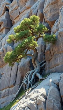 Ancient tree growing out of a rocky outcropping, Germany, Sachsen-Anhalt