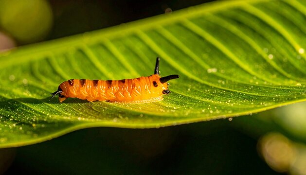 Macro of a bright orange horned caterpillar crawling on a green leaf in the sunlight