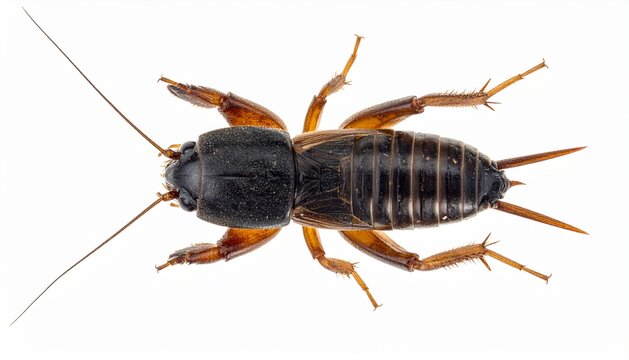 Mole cricket (Gryllotalpa gryllotalpa) top view isolated on white background, macro photography