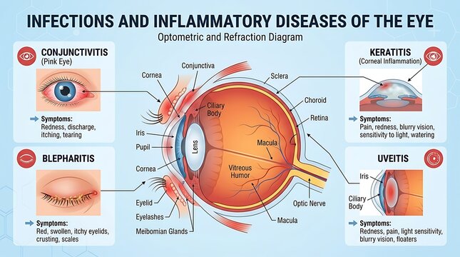 Comprehensive medical infographic of infections and inflammatory diseases of the eye, illustrating conjunctivitis, blepharitis, keratitis, and uveitis with a central anatomical eye cross section.
