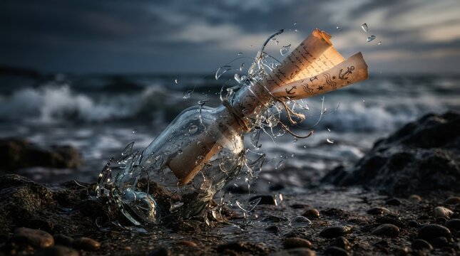 Shattered glass bottle with a parchment message on a rocky beach