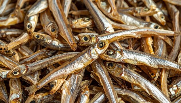 Close-up of Dried Anchovies Small Silver Fish Pile Food Background