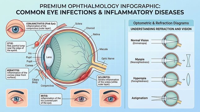 Professional ophthalmology infographic depicting common eye infections like styes and iritis, alongside a refraction guide explaining normal vision, myopia, hyperopia, and astigmatism.