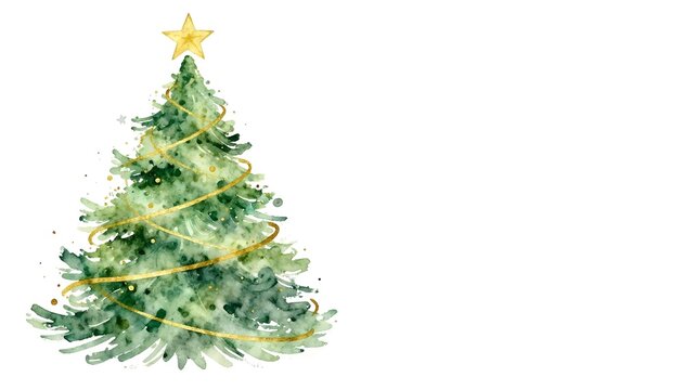 Elegant watercolor Christmas tree with golden ribbon and star topper
