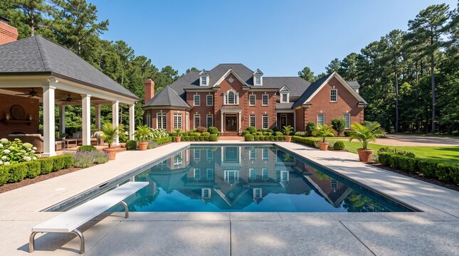 Luxurious red brick estate featuring a clear swimming pool with reflection, covered patio cabana, and manicured landscaping surrounded by tall trees.