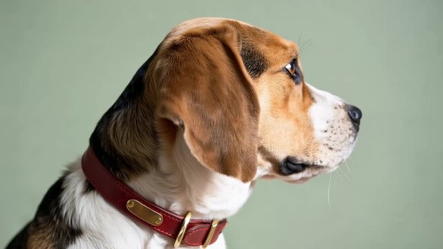 Slow pan of beagle dog turning head and looking inquisitive in studio portrait against muted green background with soft lighting and calm mood