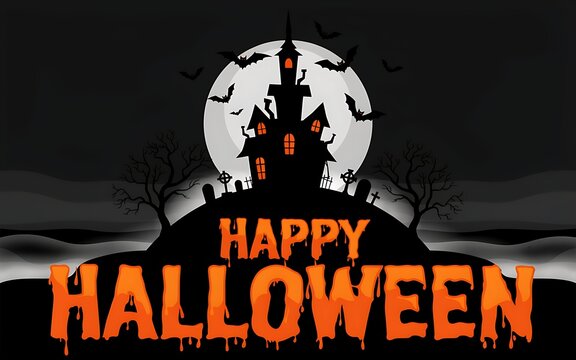 Happy halloween greeting card design with a spooky haunted house and full moon background
