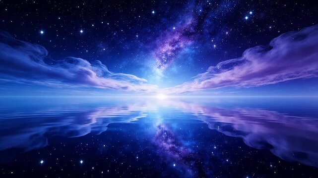 Starry night sky with clouds and water reflection
