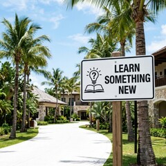 Naklejka premium Outdoor Sign Encouraging Learning Amidst Tropical Luxury And Sunshine