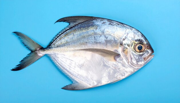 Single Fresh Raw Silver Trevally Fish on Blue Background