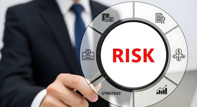 Businessman holding a circular chart showing financial risk assessment and business strategy icons to help make better management decisions for the company growth and future planning